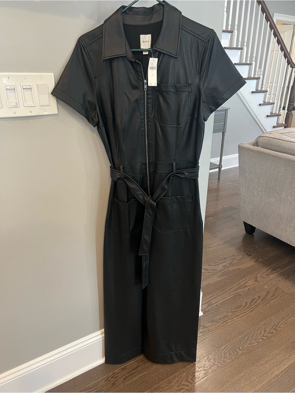 Maeve Weekender Black Faux-Leather Zip up jumpsuit  with Belt